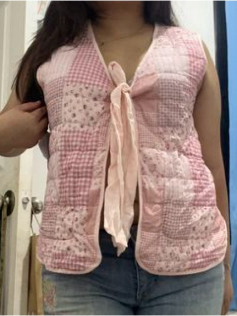 Stoosh Cottagecore soft cotton Pink Patchwork Quilted Tie-Front Vest floral